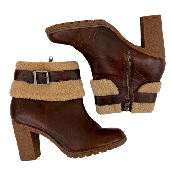 Timberland Women’s Oiled Leather Glancy Fleece Folded Down Heeled Booties Boots - Picture 2 of 14